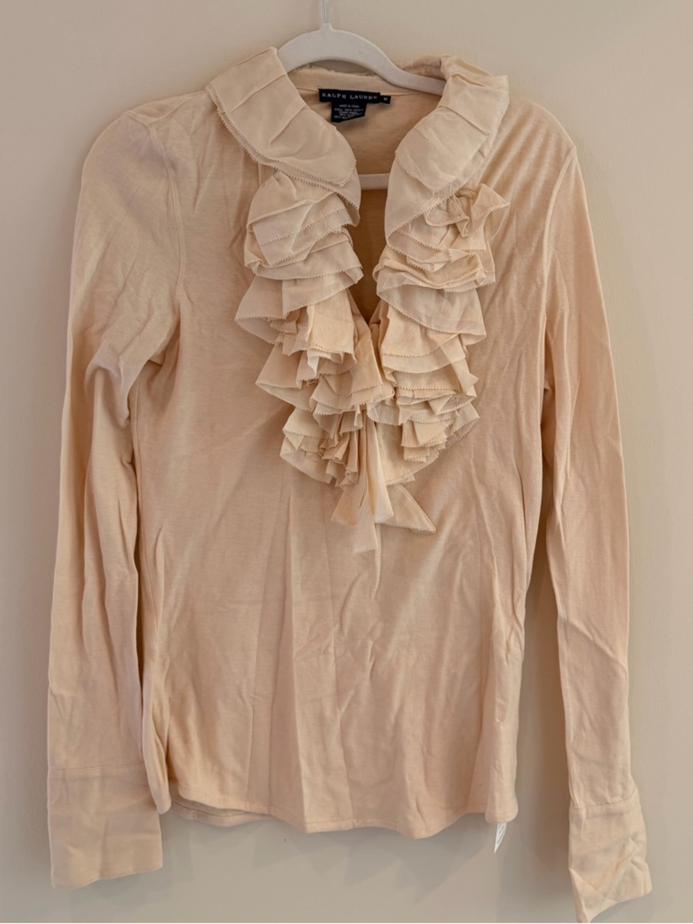 Ralph Lauren Beige Cotton-Silk Blend Ruffle Top